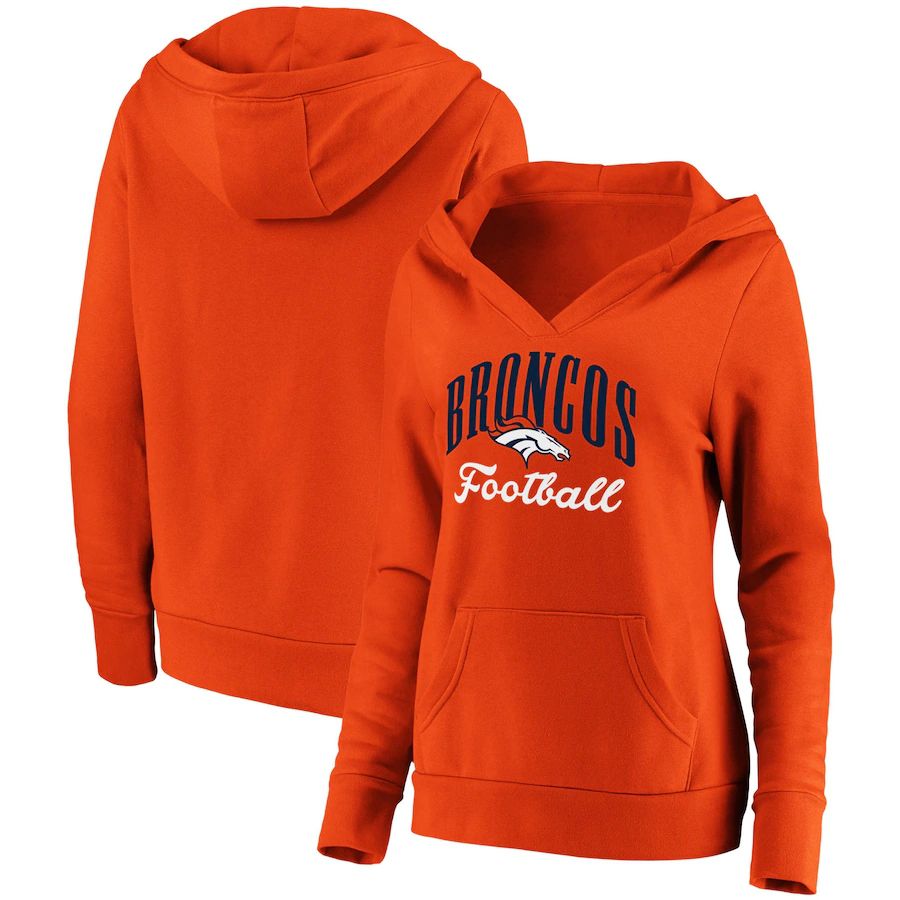 Women Denver Broncos NFL Pro Line by Fanatics Branded Orange Team Victory Script Crossover V-Neck Pullover Hoodie->women nfl jersey->Women Jersey
